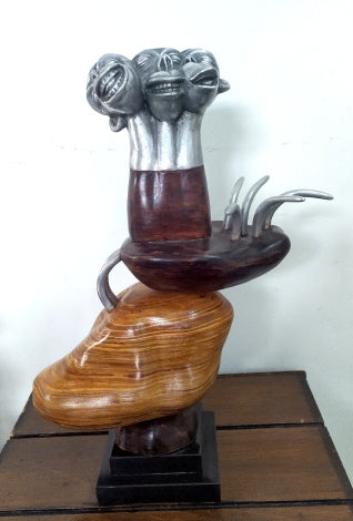 'Happiness' contemporary Wood, Mixedmedia sculpture by artist Umed Rawat, 19x9 inch, on wood, mixedmedia