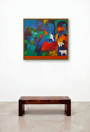 Happy Couple 2 (Dialogue of Colors) by artist Ranjit Singh displayed in a Modern Bedroom