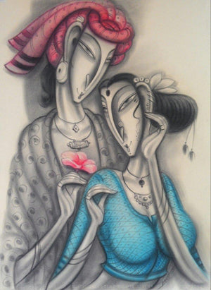 Happy Couple (Budding Romance) by Ramesh Pachpande, Original Charcoal Figurative Painting on Paper, Medium Vertical Wall Art