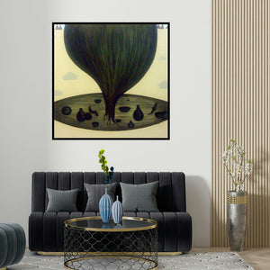 Pravin Shinde's 'Happy Life 1 (Tree of Life 1)' painting visualized above a sofa in a contemporary room.