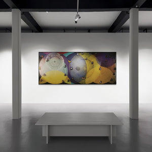 Preview of 'Happy Vibration 2 (A Dance of Transformation)' Painting by Ghanshyam Gupta shown on a wall in a furnished room.