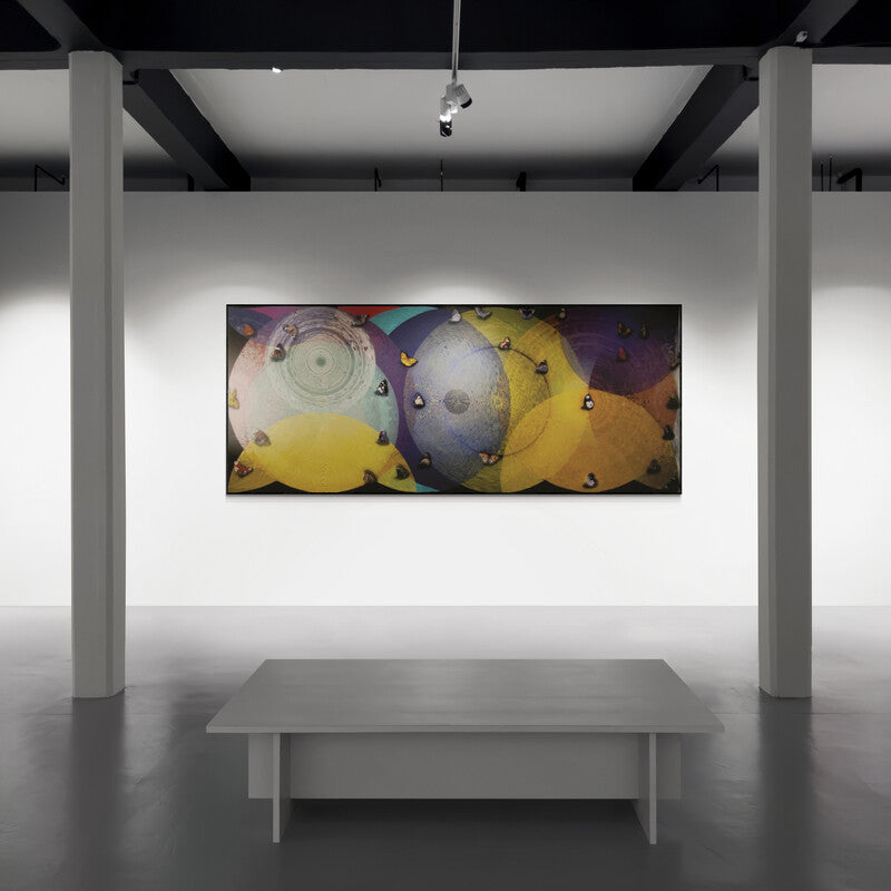 Preview of 'Happy Vibration 2 (A Dance of Transformation)' Painting by Ghanshyam Gupta shown on a wall in a furnished room.