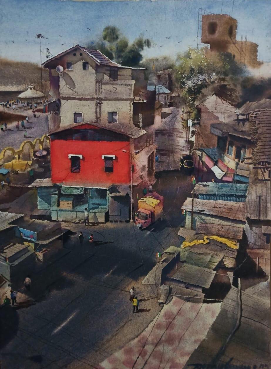 Cityscape watercolor painting titled 'Har Ghar Tiranga', 29x21 inches, by artist Ajit Raut on Paper
