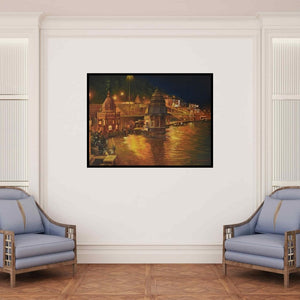 In-situ view of Kamal Rao's 'Har Ki Pauri Ghat Haridwar (Varanasi Ghats at Night)' painting in a room
