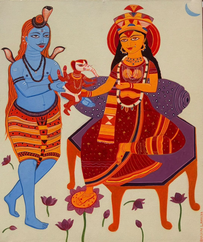 Hara Parvati' religious acrylic painting by artist Bhaskar Lahiri, 36x30 inch, on canvas