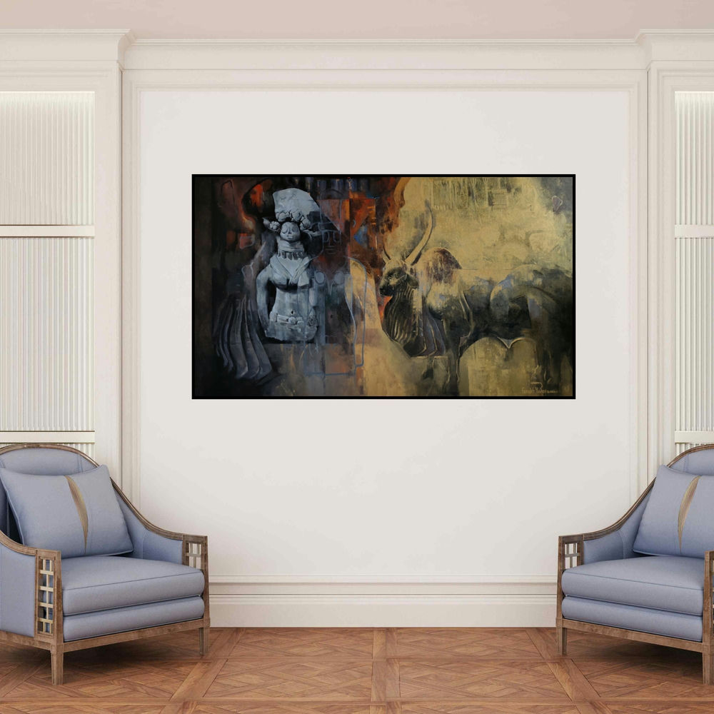 'Harappa 2 (Cosmic Dance)' painting by Farukh Nadaf shown on a wall in a furnished room.