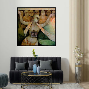 Arun Samadder's 'Hari Naam' painting visualized above a sofa in a contemporary room.