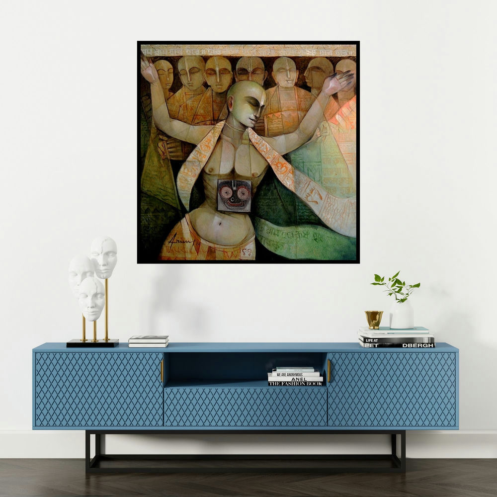 'Hari Naam' painting by Arun Samadder shown on a wall in a furnished room.