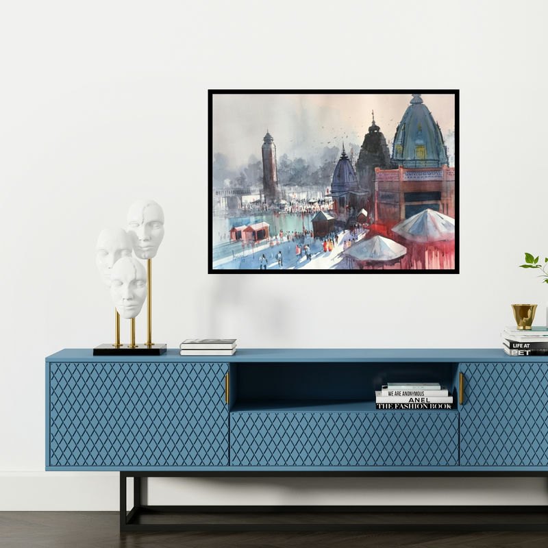 Preview of 'Haridwar (Varanasi Ghats)' Painting by Bijay Biswaal shown on a wall in a furnished room.