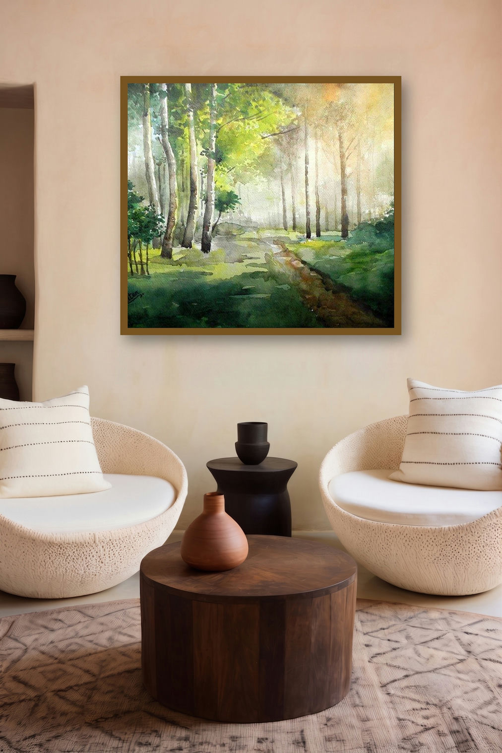 Harmoney With Nature (Sunlit Sanctuary) by artist Jitendra Sule displayed in a Minimalist gallery