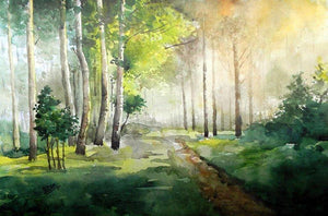 Harmoney With Nature (Sunlit Sanctuary) by Jitendra Sule, Original Watercolor Landscape Painting on Handmade Paper, Small Horizontal Wall Art