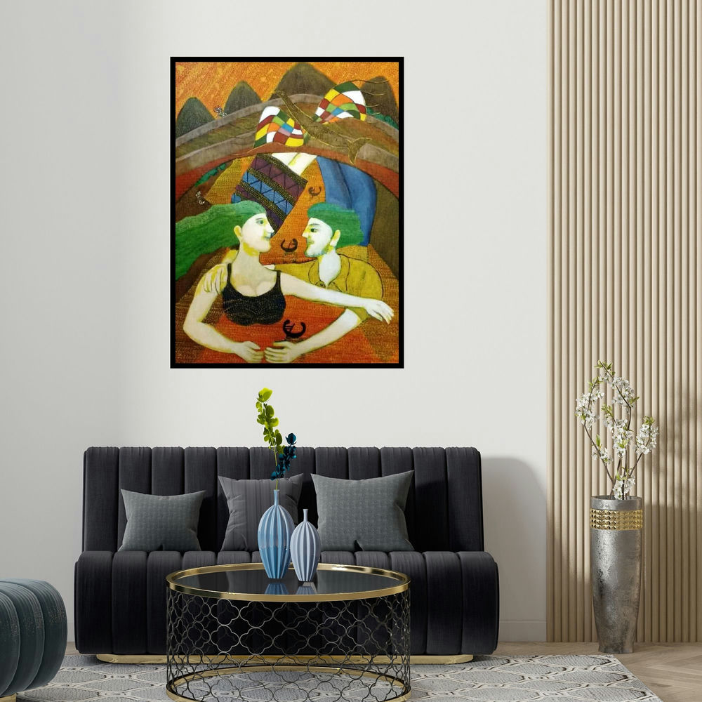'Harmony' painting by Sambuddha Gupta shown on a wall in a furnished room.
