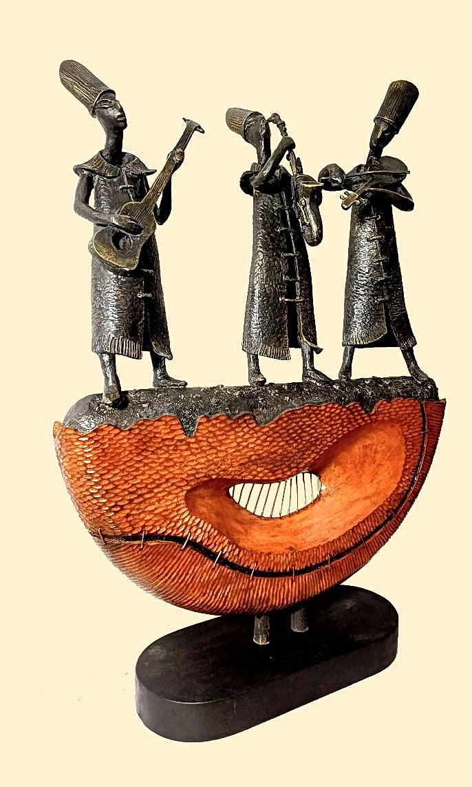 'Harmony' figurative Bronze, Wood sculpture by artist Subrata Paul, 24x33 inch, on bronze, wood