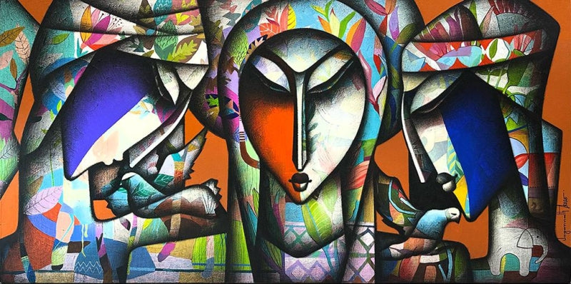 Harmony' figurative acrylic-charcoal painting by artist Jagannath Paul, 36x72 inch, on canvas