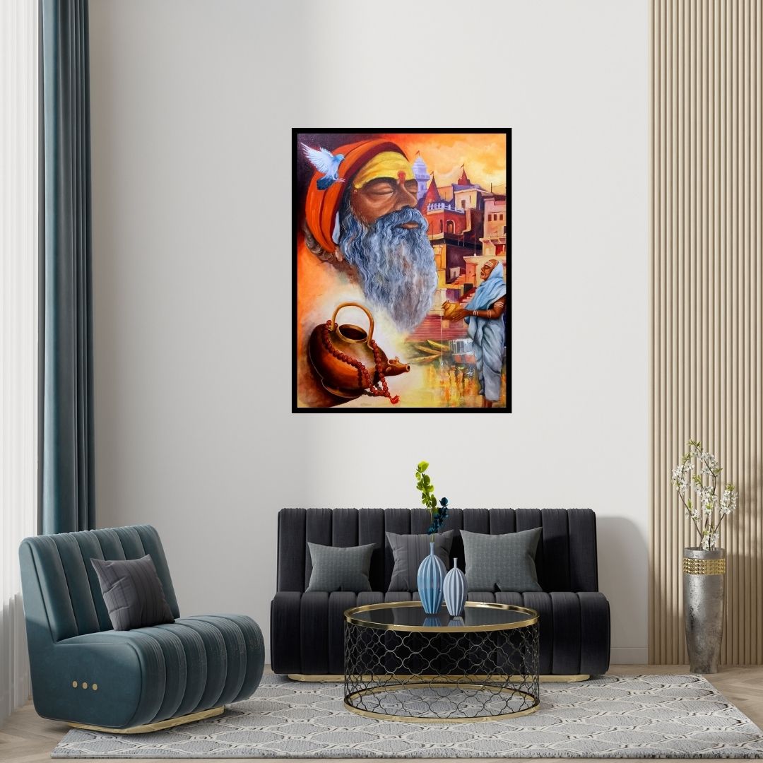 Preview of 'Harmony Of Banaras Ghat' Painting by Arjun Das shown on a wall in a furnished room.