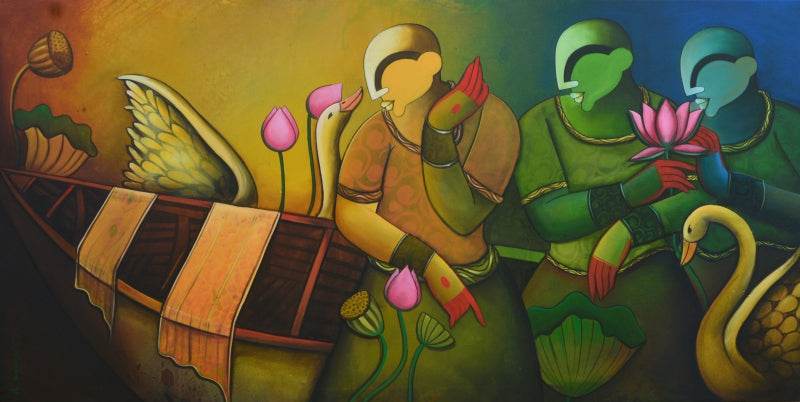 Harmony In Bloom' figurative acrylic painting by artist Anupam Pal, 36x72 inch, on canvas