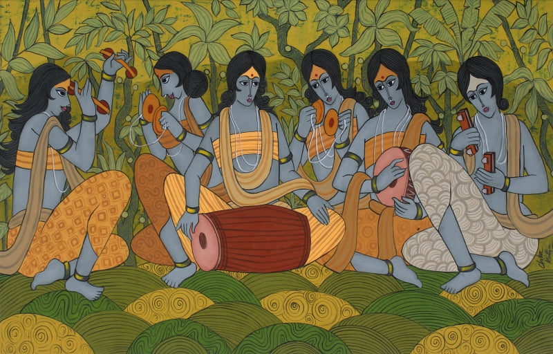 Harmony Of Devotion' figurative acrylic painting by artist Chetan Katigar, 36x57 inch, on canvas