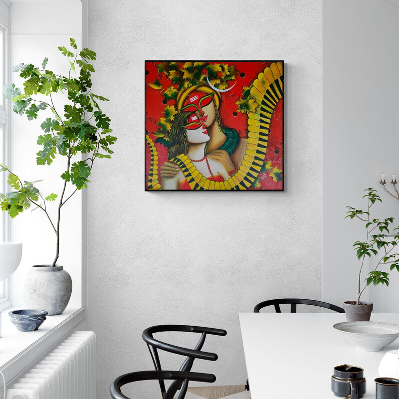 Preview of 'Harmony Of Life 2 (Shiva Shakti Eternal Union)' Painting by Susmita Mandal shown on a wall in a furnished room.
