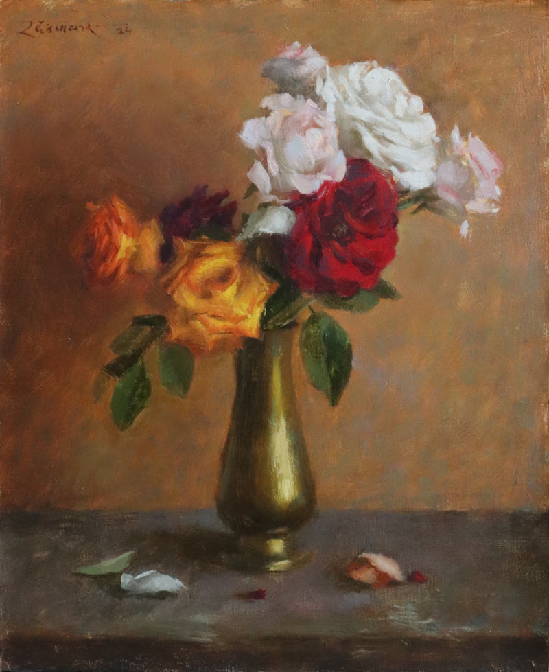 Harmony In Roses' still-life oil painting by artist Rohan Daithankar, 12x10 inch, on linen