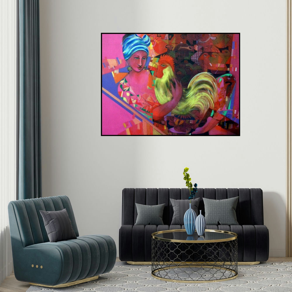 Madan Lal's 'Hava Su (The Keeper of the Flock)' painting visualized above a sofa in a contemporary room.