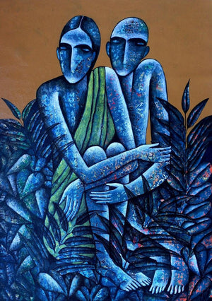 He And She (Bound by Nature) by Ranjith Raghupathy, Original Acrylic Figurative Painting on Canvas, Medium Vertical Wall Art