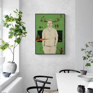 Preview of 'He Fooled Me' Painting by Ankur Singla shown on a wall in a furnished room.