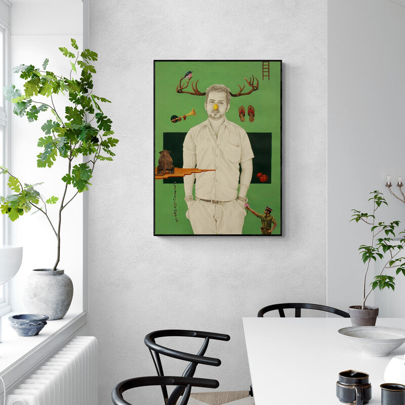 Preview of 'He Fooled Me' Painting by Ankur Singla shown on a wall in a furnished room.