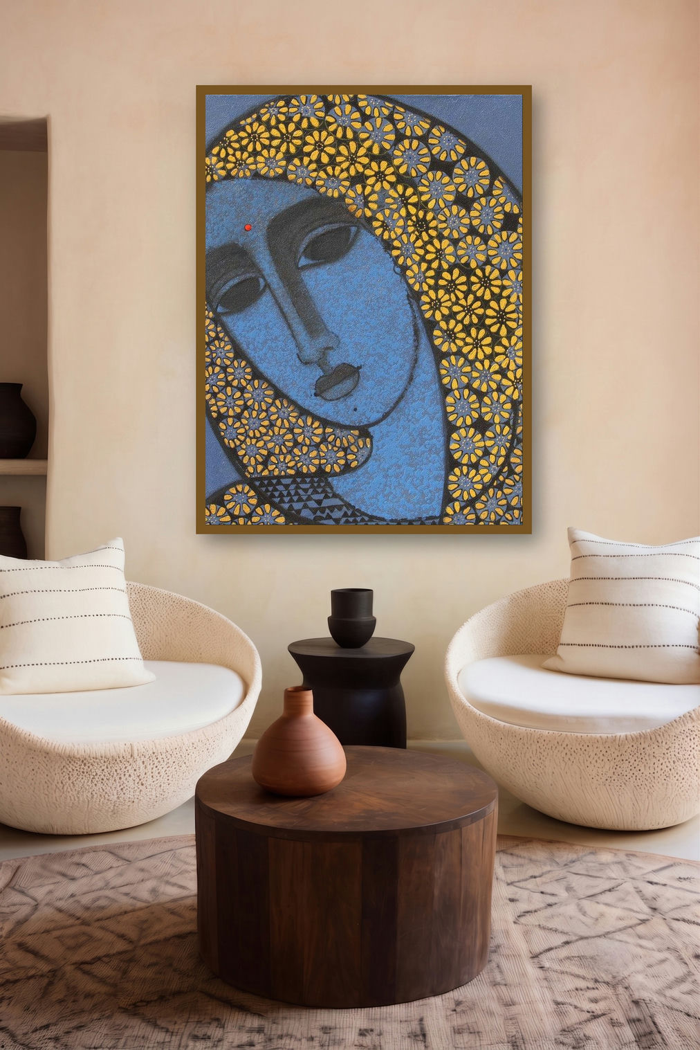 Head Ii (Veiled Majesty: A Portrait in Blue) by artist Mamta Mondkar displayed in a Museum Style gallery