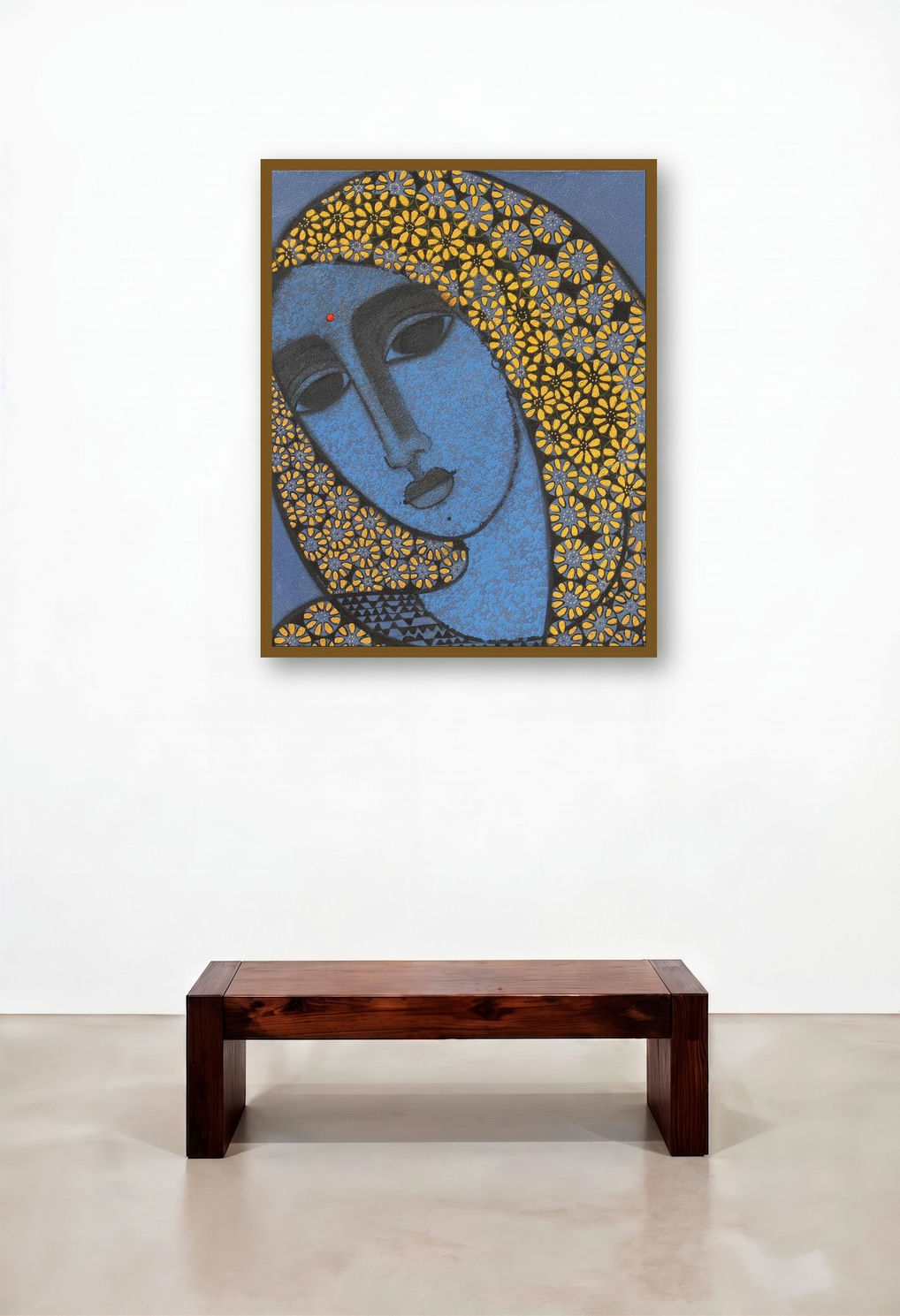 Head Ii (Veiled Majesty: A Portrait in Blue) by artist Mamta Mondkar displayed in a Traditional Living Room