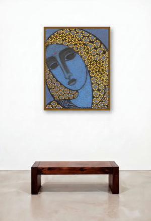 Head Ii (Veiled Majesty: A Portrait in Blue) by artist Mamta Mondkar displayed in a Traditional Living Room
