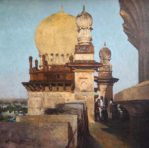 Cityscape acrylic painting titled 'Heart Of The Gol Gumbaz', 24x24 inches, by artist Ajay Sangve on Canvas