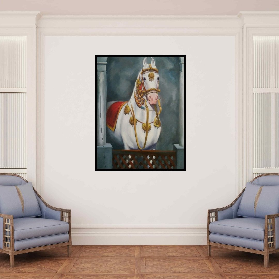 In-situ view of Sarang Pharate's 'In Heaven 1 (Royal Steed)' painting in a room