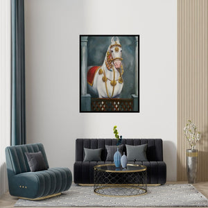 Preview of 'In Heaven 1 (Royal Steed)' Painting by Sarang Pharate shown on a wall in a furnished room.