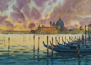 Heaven On Earth Venice (Twilight on the Grand Canal) by Abhijit Jadhav, Original Watercolor Seascape Painting on Paper, Medium Horizontal Wall Art