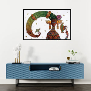 Preview of 'Her Majesty 2 (Guardian of the Cosmos)' Painting by Dhimant Vyas shown on a wall in a furnished room.