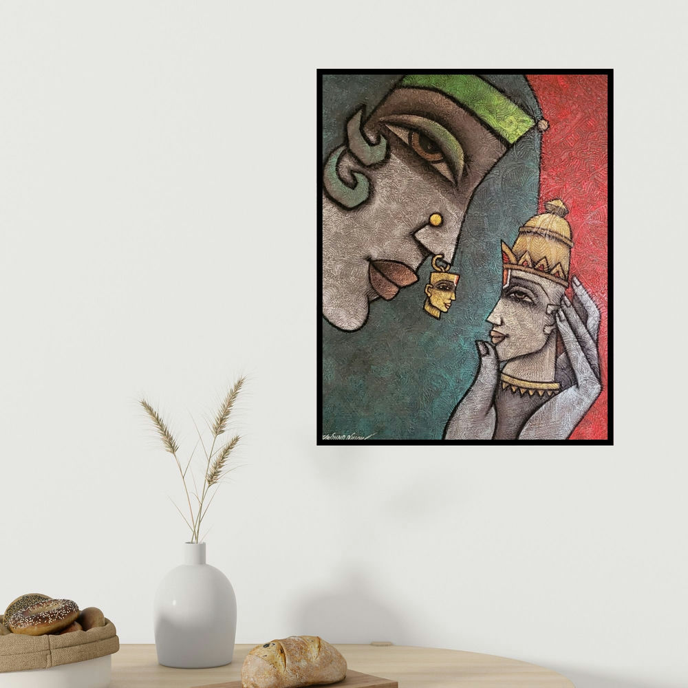 Krishna Ashok's 'Her Ornament 2 (The Eternal Gaze)' painting visualized above a sofa in a contemporary room.