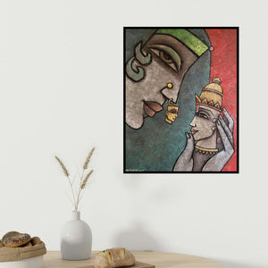 Krishna Ashok's 'Her Ornament 2 (The Eternal Gaze)' painting visualized above a sofa in a contemporary room.