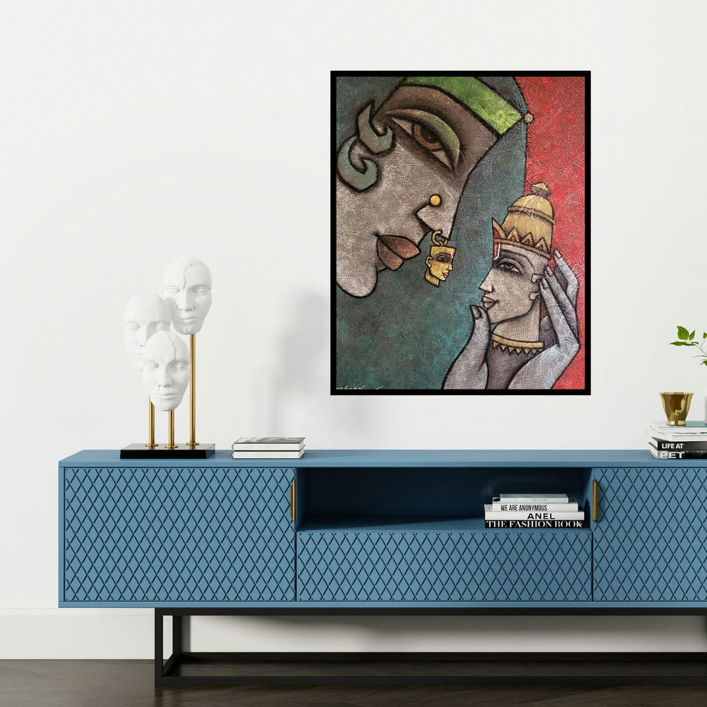 'Her Ornament 2 (The Eternal Gaze)' painting by Krishna Ashok shown on a wall in a furnished room.