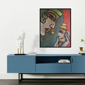 'Her Ornament 2 (The Eternal Gaze)' painting by Krishna Ashok shown on a wall in a furnished room.