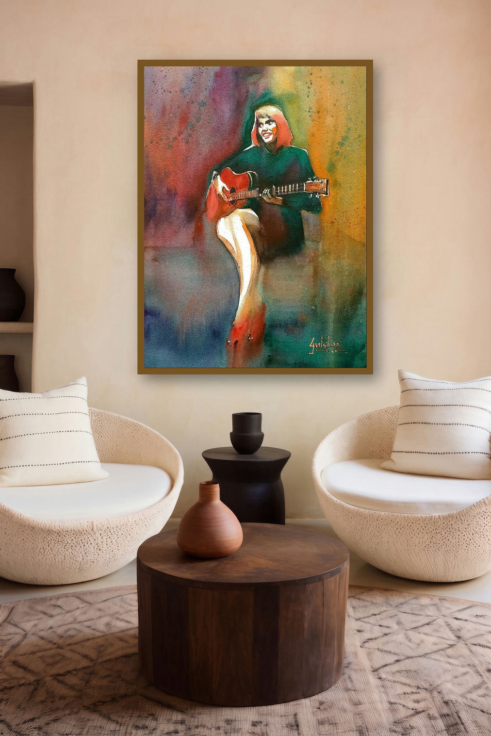 Her Swaying Red Shoes by artist Gulshan Achari displayed in a Museum Style gallery