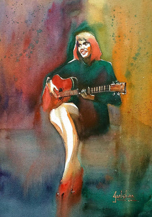 Her Swaying Red Shoes by Gulshan Achari, Original Watercolor Figurative Painting on Paper, Small Vertical Wall Art