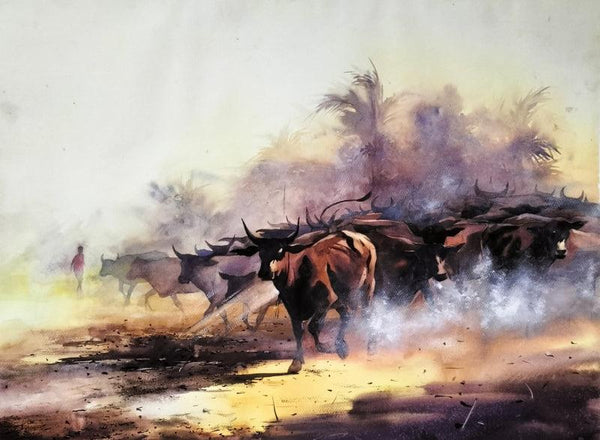 Herd Of Cows In The Morning 3 Painting by Sadikul Islam | ArtZolo.com