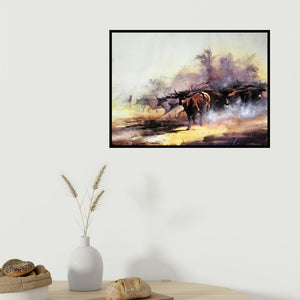 In-situ view of Sadikul Islam's 'Herd Of Cows In The Morning 3 (The Stampede)' painting in a room