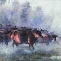 Animals watercolor painting titled 'Herd If Cows In The Morning', 22x30 inches, by artist Sadikul Islam on Paper