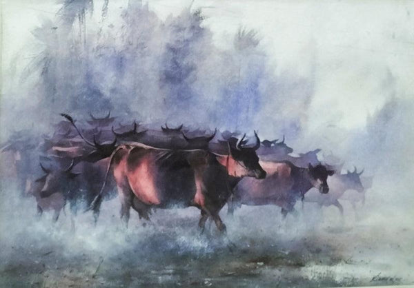 Herd If Cows In The Morning Painting by Sadikul Islam | ArtZolo.com
