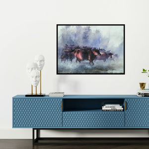 Preview of 'Herd If Cows In The Morning (Misty Morning)' Painting by Sadikul Islam shown on a wall in a furnished room.