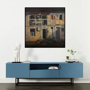 'Heritage (Mumbai Memories)' painting by Mangesh Shinde shown on a wall in a furnished room.