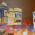 Cityscape acrylic painting titled 'Heritage In Rajasthan', 48x84 inches, by artist Sayajirao Nangare on Canvas