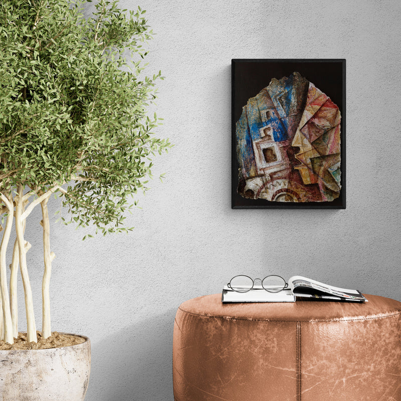 Preview of 'Heritage Love 1 (Echoes of Home)' Painting by Rajesh Yadav shown on a wall in a furnished room.