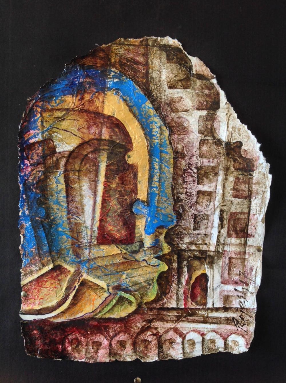 Cubist mixed media painting titled 'Heritage Love 2', 18x12 inches, by artist Rajesh Yadav on Canvas